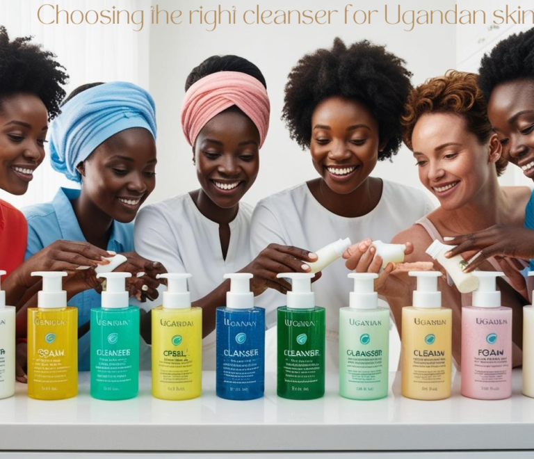 A collection of gel, cream, and foam cleansers tailored to different skin types for Ugandan women and men