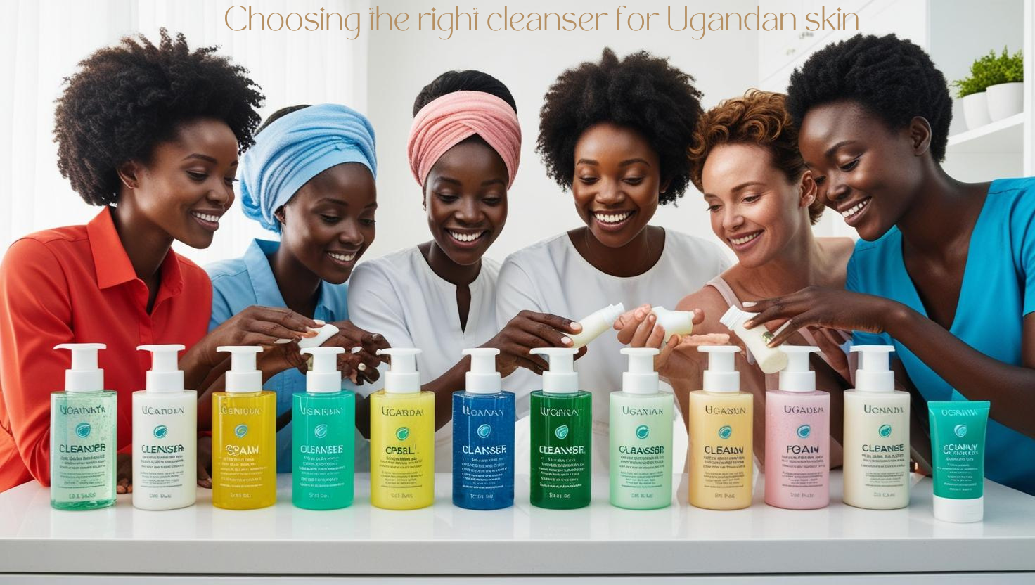 A collection of gel, cream, and foam cleansers tailored to different skin types for Ugandan women and men